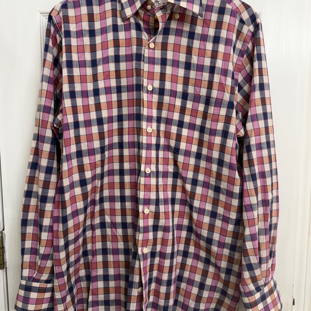 Peter Millar Men's Checkered Pink, Blue, and Salmon Button Down Shirt